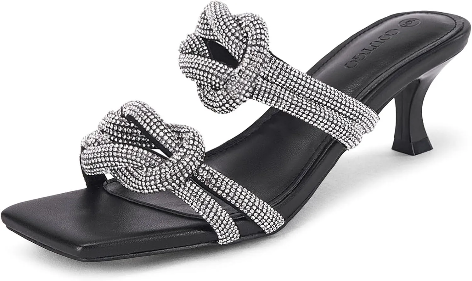 Coutgo Womens Kitten Heel Sandals Mules Rhinestone Slip on Low Heels Open Square Toe Dressy Summer Wedding Party Shoes