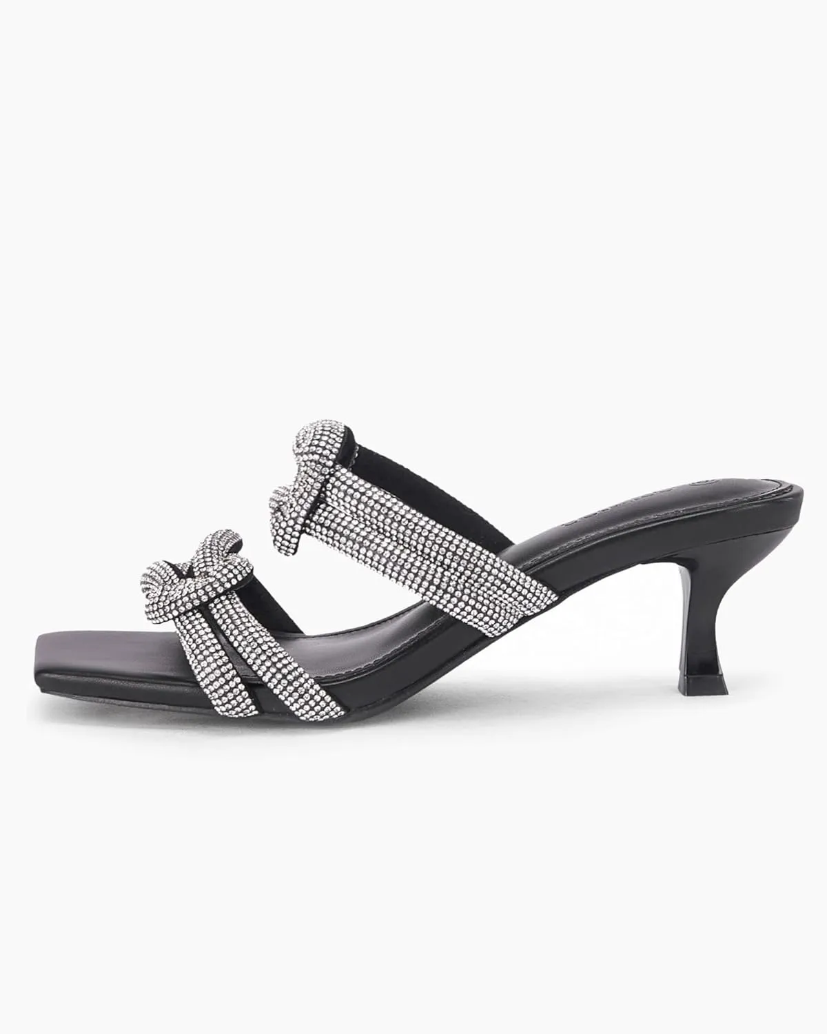 Coutgo Womens Kitten Heel Sandals Mules Rhinestone Slip on Low Heels Open Square Toe Dressy Summer Wedding Party Shoes
