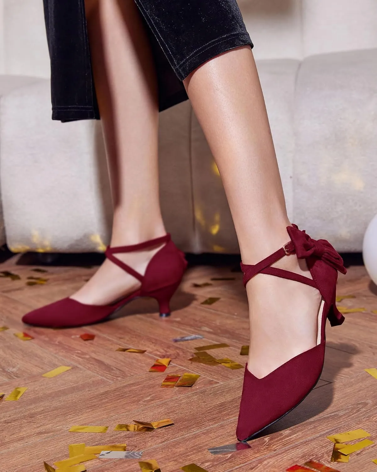 Coutgo Womens Low Kitten Heel Bow Heels Dress Shoes Closed Pointed Toe Ankle Strap Elegant Wedding Party Pumps