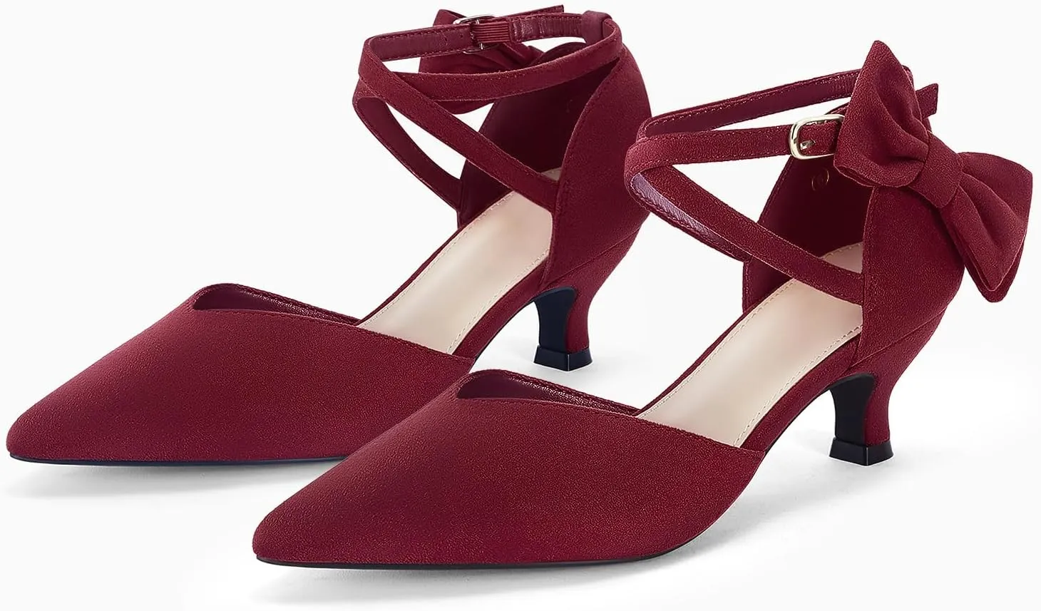 Coutgo Womens Low Kitten Heel Bow Heels Dress Shoes Closed Pointed Toe Ankle Strap Elegant Wedding Party Pumps