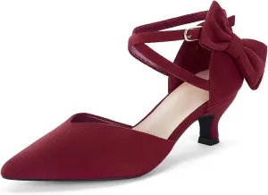 Coutgo Womens Low Kitten Heel Bow Heels Dress Shoes Closed Pointed Toe Ankle Strap Elegant Wedding Party Pumps