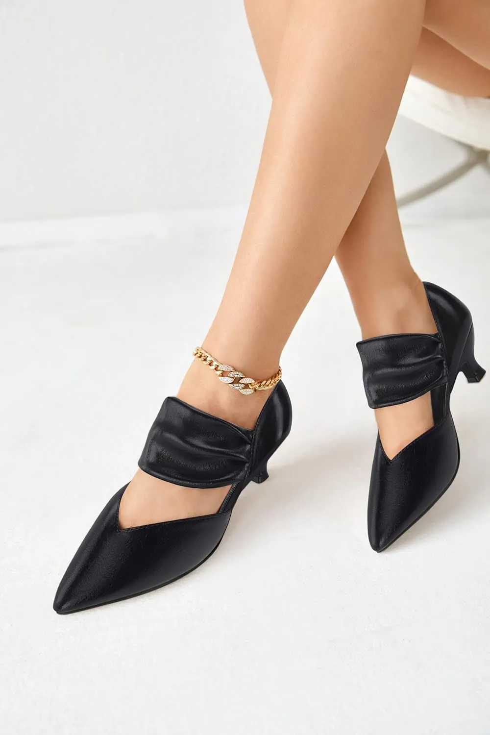Coutgo Womens Low Kitten Heel Dress Shoes Pointed Toe Slip on Ankle Strap Cutout Elegant Party Wedding Pumps