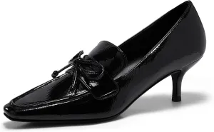 Coutgo Womens Low Kitten Heels Dress Shoes Closed Square Toe Slip on Elegant Office Party Pumps with Bow
