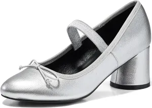 Coutgo Womens Mary Jane Shoes Bowknot Ballet Pumps Closed Toe Chunky Low Heels Dress Casual Wedding Shoes