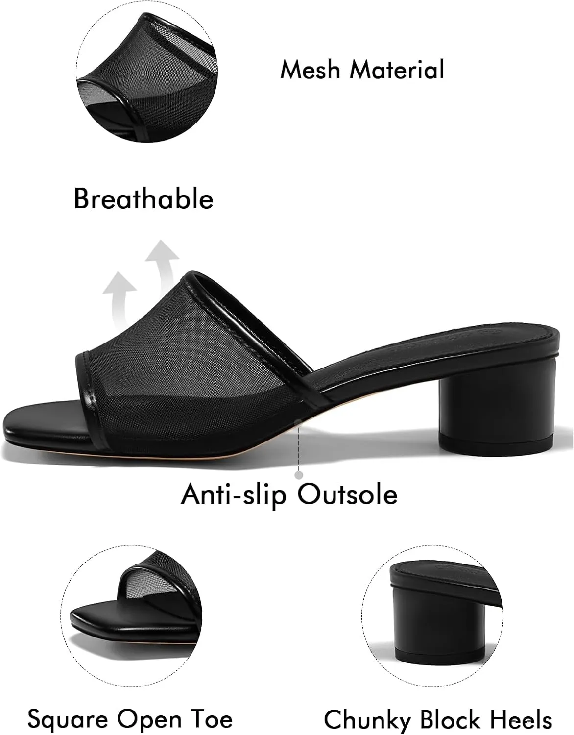 Coutgo Womens Slide Sandals Mesh Chunky Heels Mules Square Open Toe Slip On Summer Dress Shoes