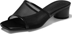 Coutgo Womens Slide Sandals Mesh Chunky Heels Mules Square Open Toe Slip On Summer Dress Shoes