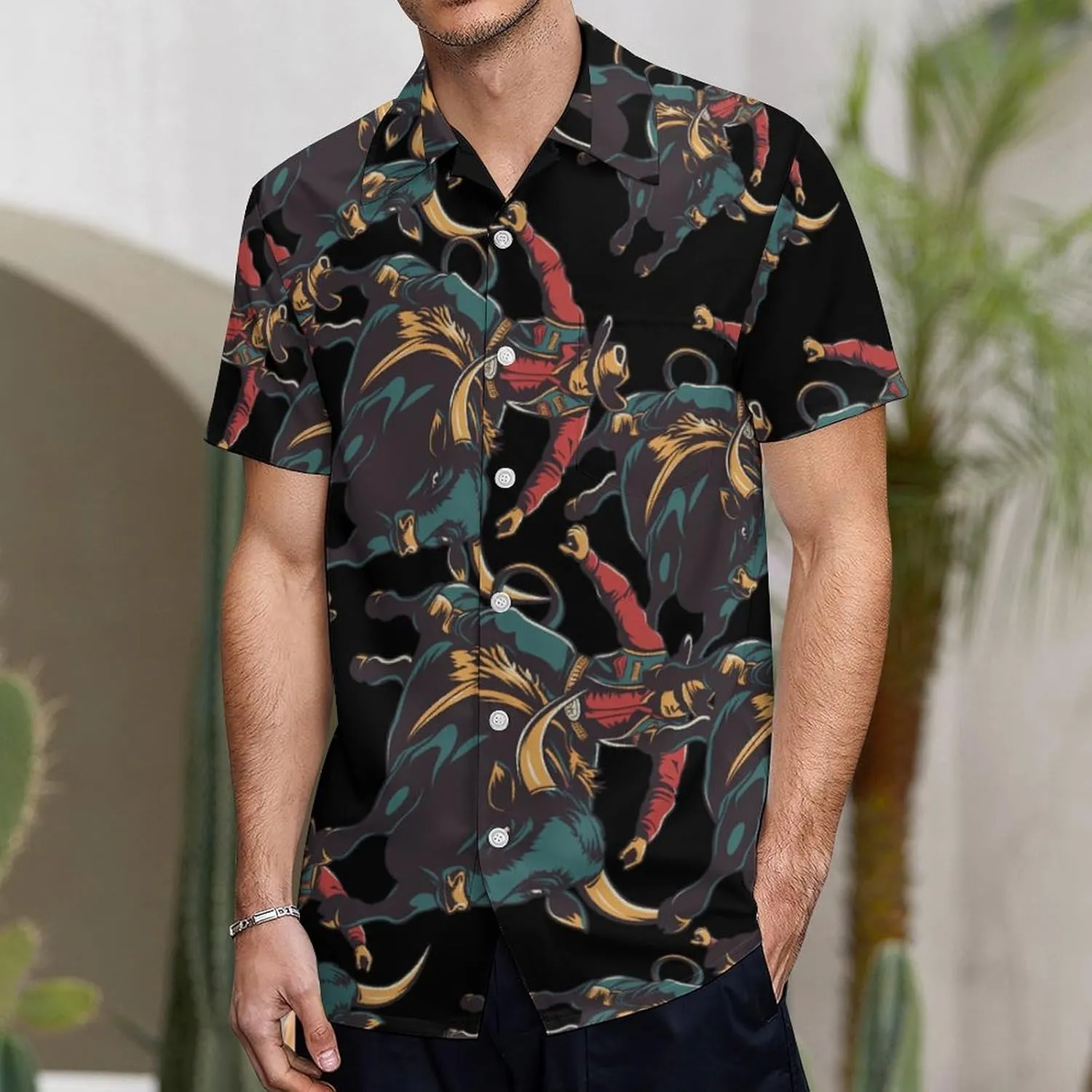 Cow Rider Riding Sports Men's Short Sleeve Shirts Casual Button Down Shirt Dress Tee Tops for Beach Work