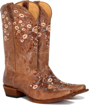 Cowgirl Boots for Women Floral Embroidered Cowboy Ankle Boots,Wide Calf Pointed Toe Low Chunky Heel Pull On Western Stitched Boots