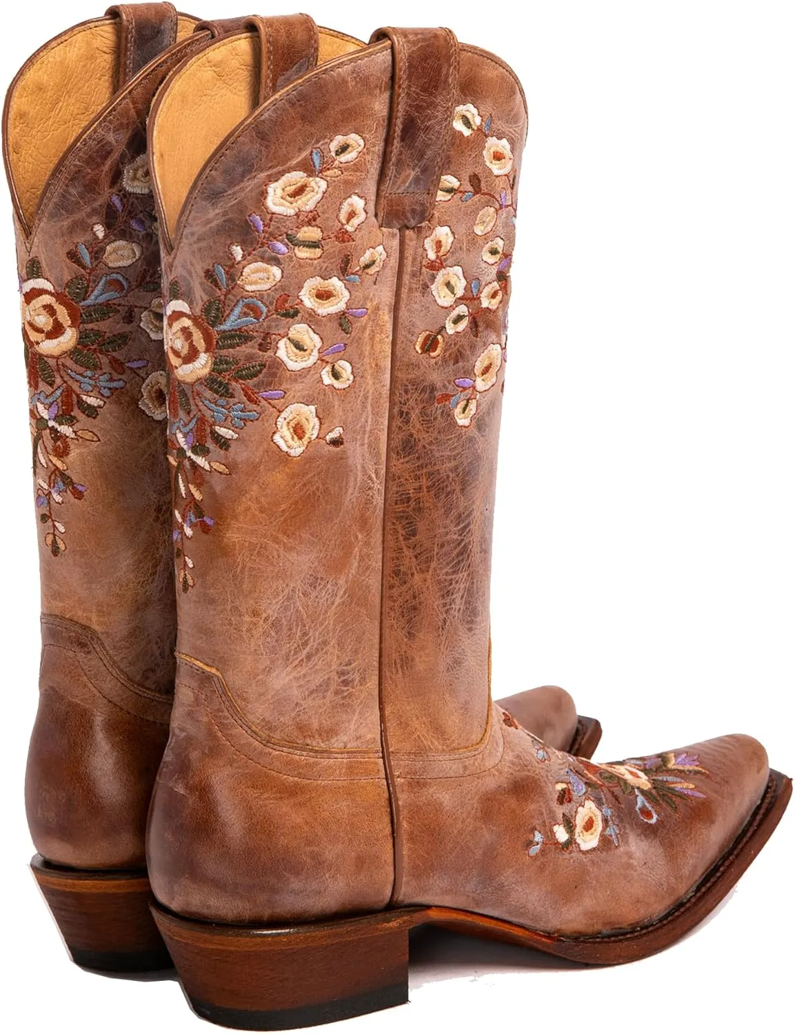 Cowgirl Boots for Women Floral Embroidered Cowboy Ankle Boots,Wide Calf Pointed Toe Low Chunky Heel Pull On Western Stitched Boots