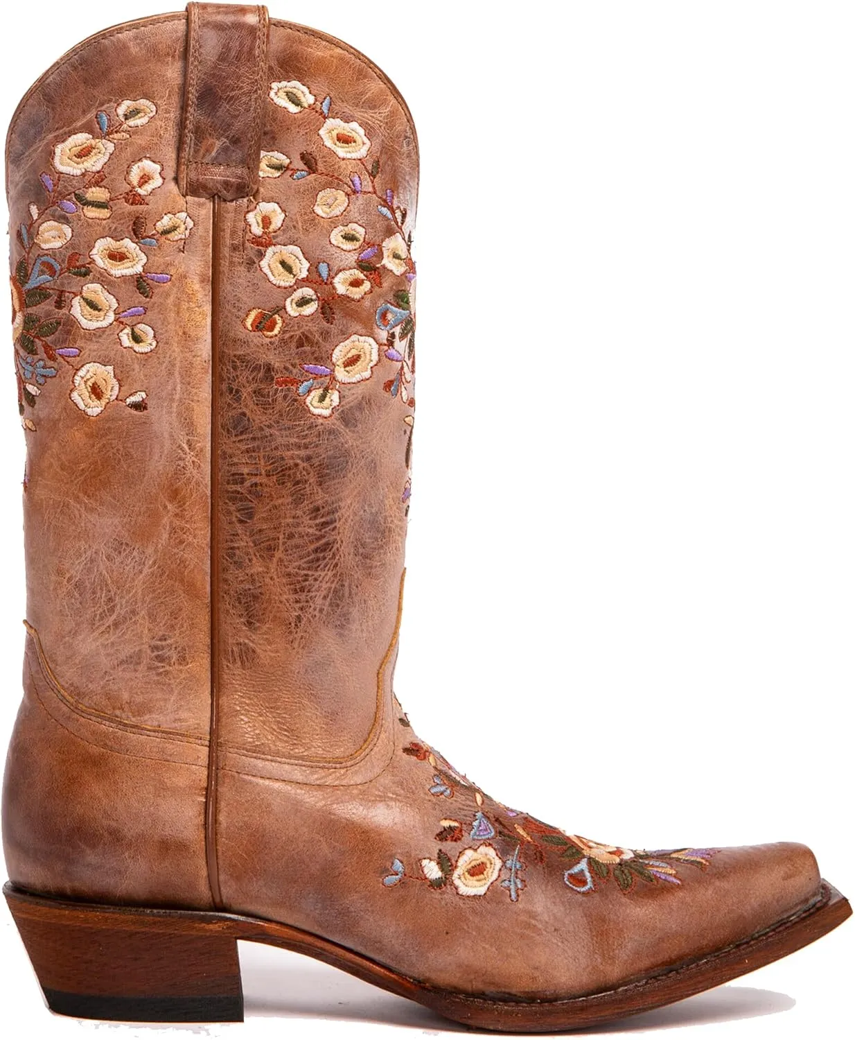 Cowgirl Boots for Women Floral Embroidered Cowboy Ankle Boots,Wide Calf Pointed Toe Low Chunky Heel Pull On Western Stitched Boots