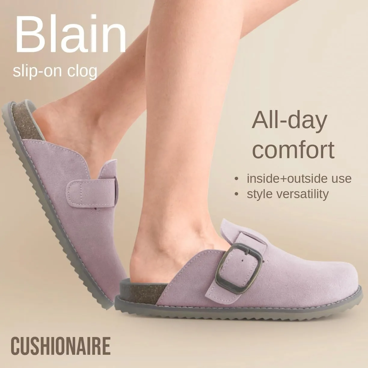 CUSHIONAIRE Women's Blain Genuine Suede Slip-On Clogs with   Memory Foam & Chic Buckle Mule - Comfortable, Non-Slip, Wide Widths Available