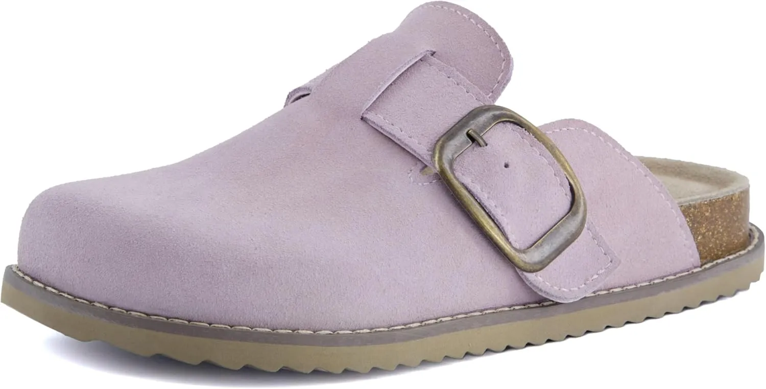 CUSHIONAIRE Women's Blain Genuine Suede Slip-On Clogs with   Memory Foam & Chic Buckle Mule - Comfortable, Non-Slip, Wide Widths Available