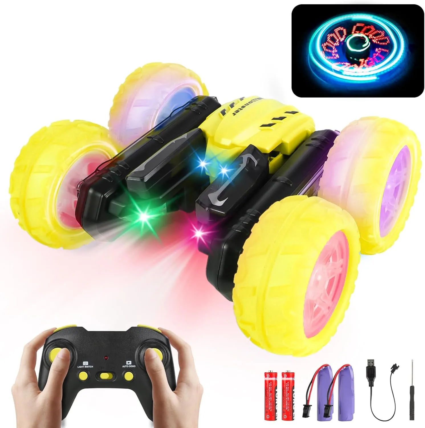 Deeak Remote Control Car - Upgraded RC Stunt Cars Toys with Cool Font Lights, Double Sided 360°Rotating 4WD Drift Car with Headlights Wheel Light for Ages 6-12 Kids Birthday Toy for Boys Girls Yellow