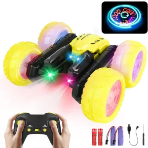 Deeak Remote Control Car - Upgraded RC Stunt Cars Toys with Cool Font Lights, Double Sided 360°Rotating 4WD Drift Car with Headlights Wheel Light for Ages 6-12 Kids Birthday Toy for Boys Girls Yellow
