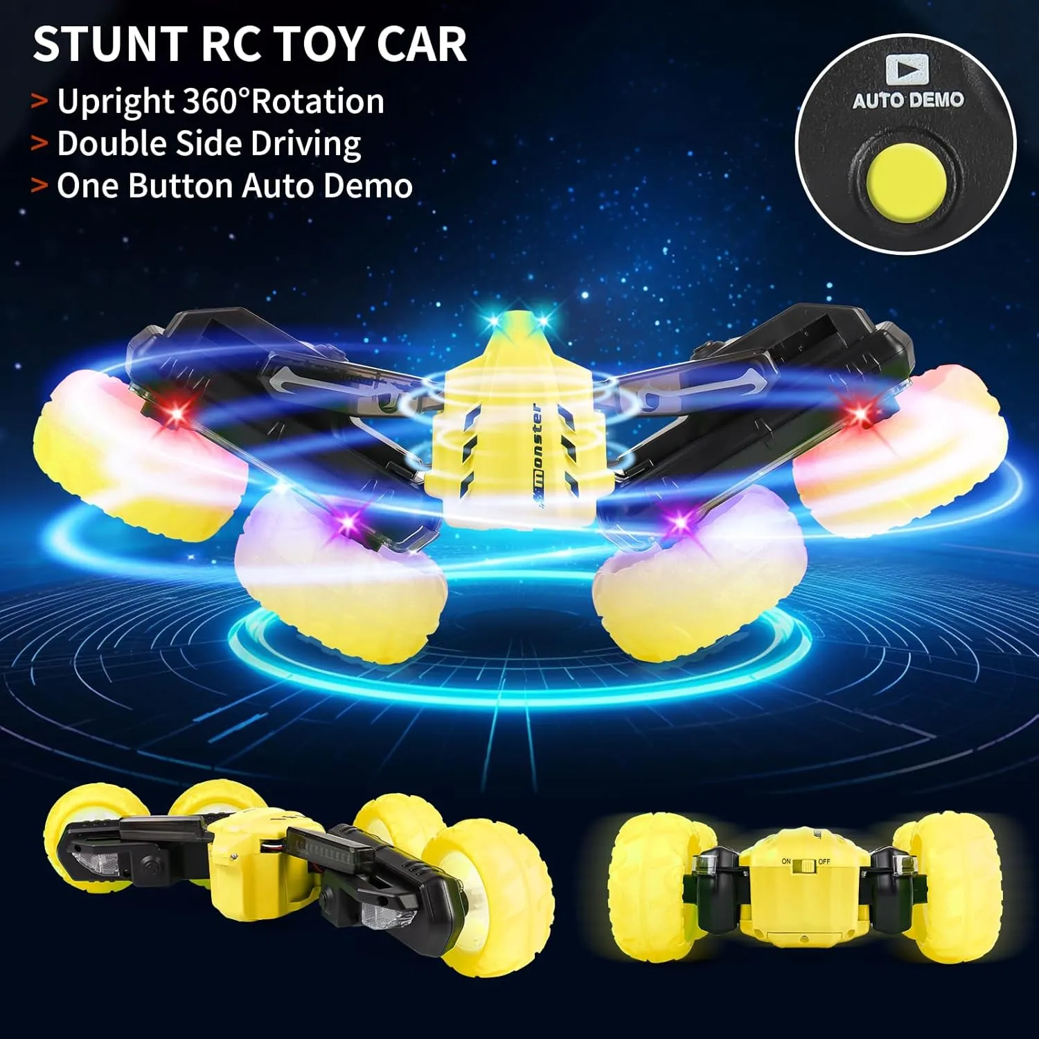 Deeak Remote Control Car - Upgraded RC Stunt Cars Toys with Cool Font Lights, Double Sided 360°Rotating 4WD Drift Car with Headlights Wheel Light for Ages 6-12 Kids Birthday Toy for Boys Girls Yellow