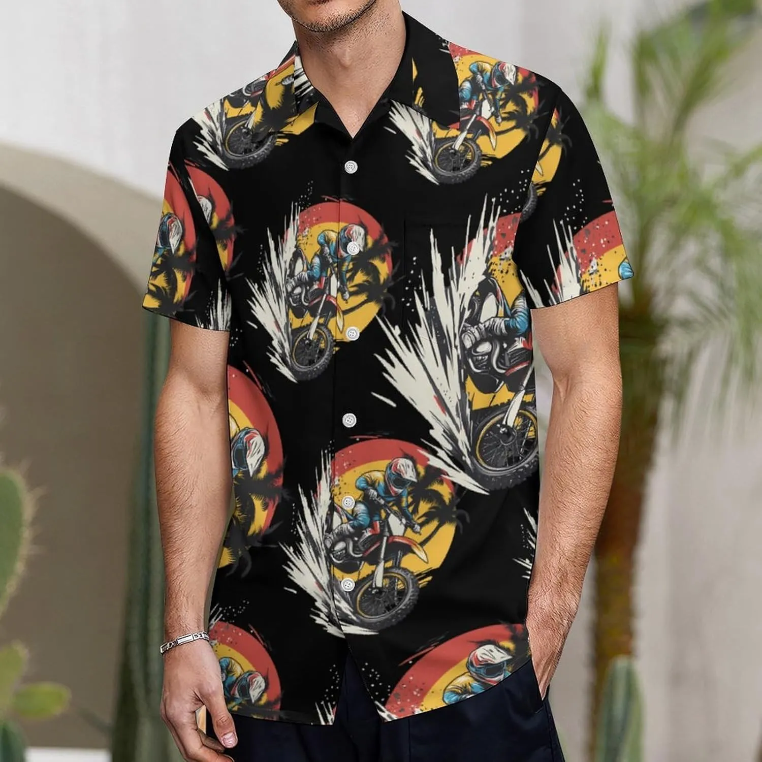Dirt Bike Rider Motocross Men's Short Sleeve Shirts Casual Button Down Shirt Dress Tee Tops for Beach Work