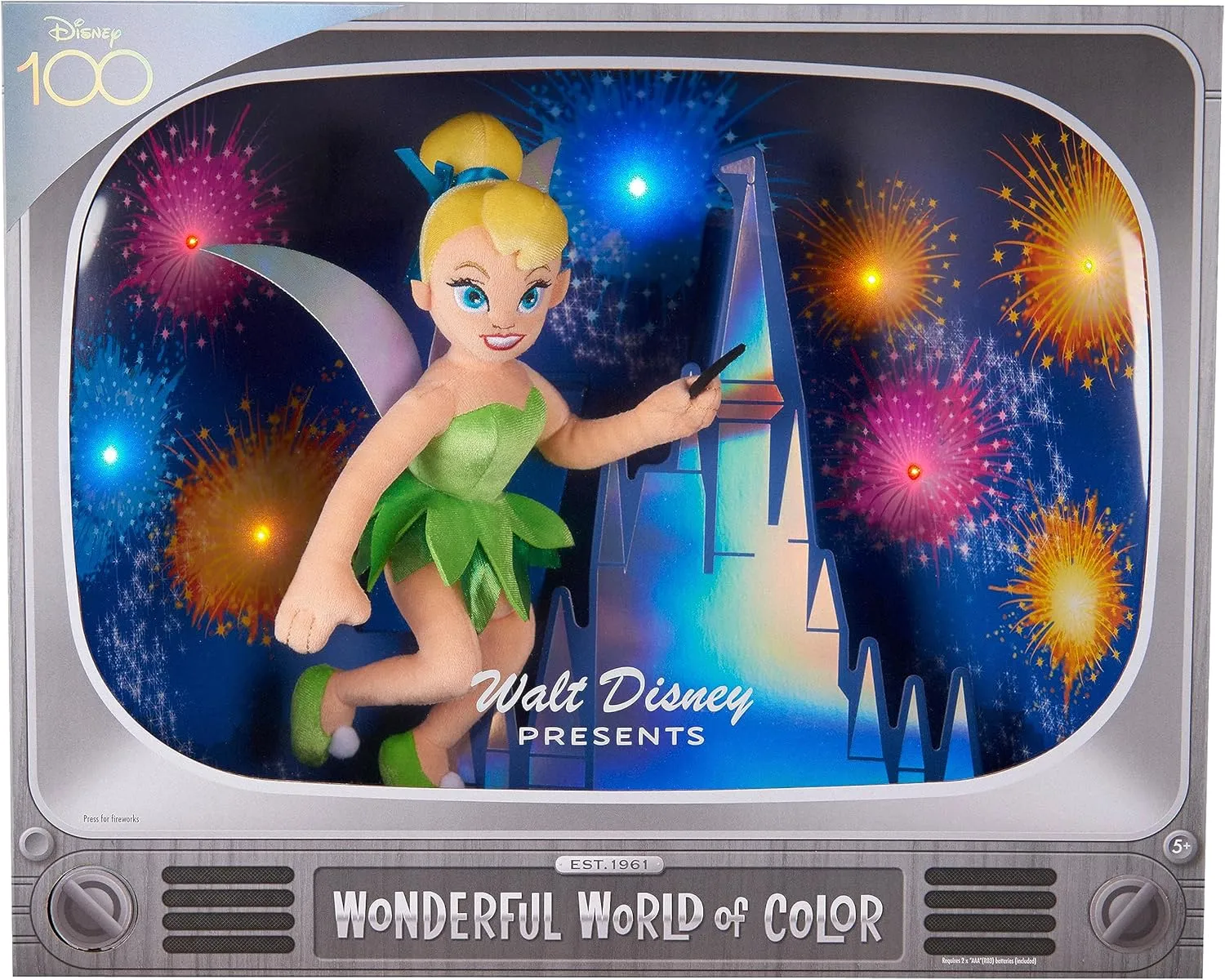 Disney100 Years of Wonder Walt Disney Presents “Wonderful World of Color” Tinker Bell Collectible Plush Stuffed Doll, Kids Toys for Ages 5 Up, Amazon Exclusive by Just Play