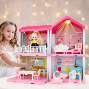 Dollhouse Kit, Doll House Asseccories and Furniture, DIY Pretend Play Building Playset Toys with Doll and Lights, Princess House for Toddlers, Kids Boys & Girls (4 Rooms)