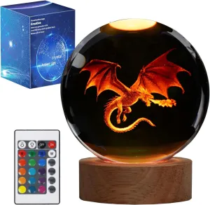 Dragon Night Light, 3.15 Inch (80mm) Crystal Ball 3D Lamp with Remote 16 Color for Birthday Xmas Cool Figurines Dragon Gifts for Room Decor Boys Girls