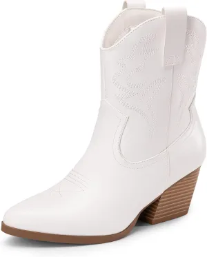 DREAM PAIRS Women's Cowboy Cowgirl Boots Embroidered Stitched Short Western Boots Low Chunky Heel Pointed Toe Ankle Booties