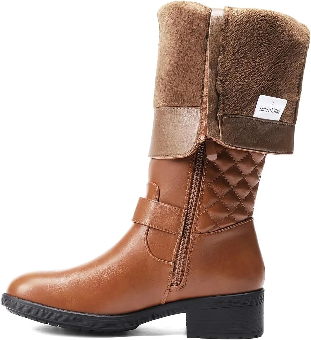DREAM PAIRS Women's Knee High Boots Low Block Heel Riding Boots Round Toe Side Zipper Biker Motorcycle Buckle Boots