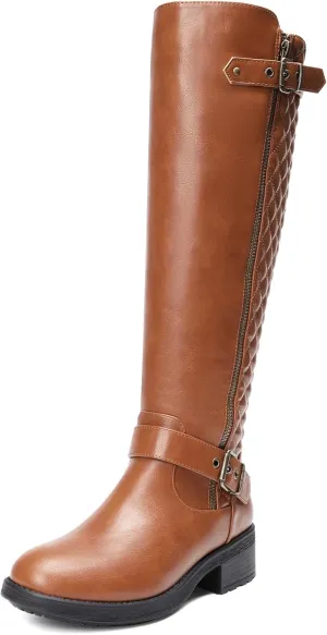 DREAM PAIRS Women's Knee High Boots Low Block Heel Riding Boots Round Toe Side Zipper Biker Motorcycle Buckle Boots
