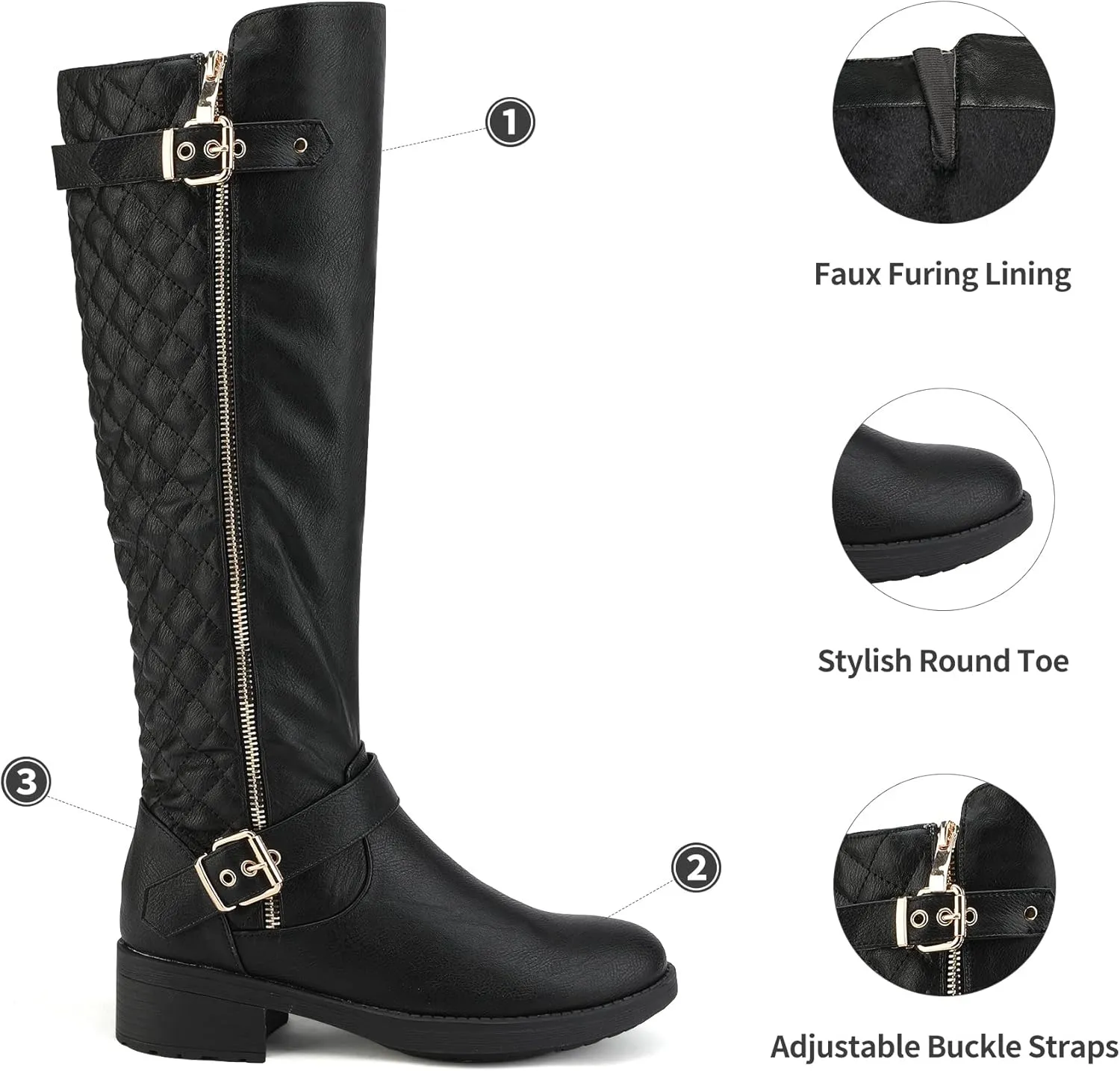 DREAM PAIRS Women's Knee High Boots Low Block Heel Riding Boots Round Toe Side Zipper Biker Motorcycle Buckle Boots
