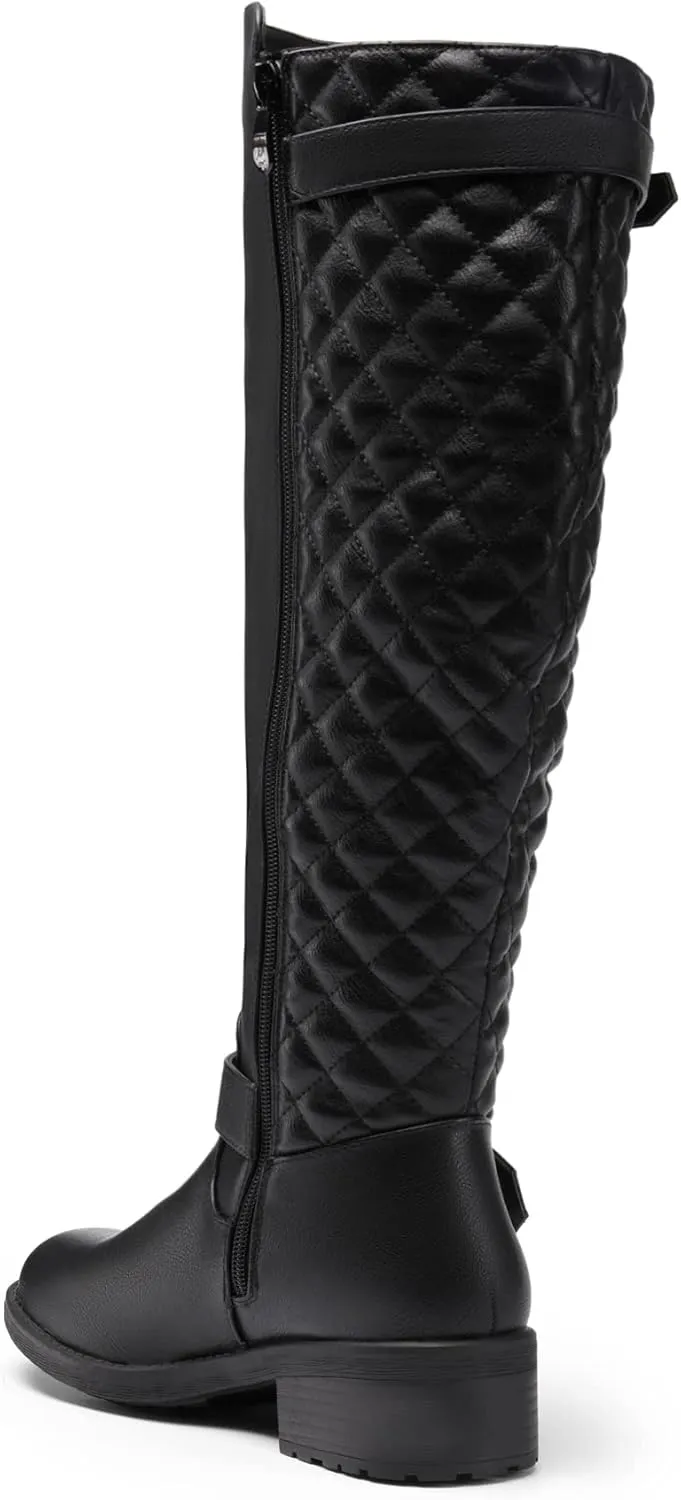 DREAM PAIRS Women's Knee High Boots Low Block Heel Riding Boots Round Toe Side Zipper Biker Motorcycle Buckle Boots