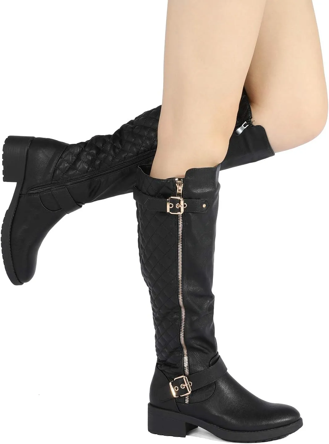 DREAM PAIRS Women's Knee High Boots Low Block Heel Riding Boots Round Toe Side Zipper Biker Motorcycle Buckle Boots