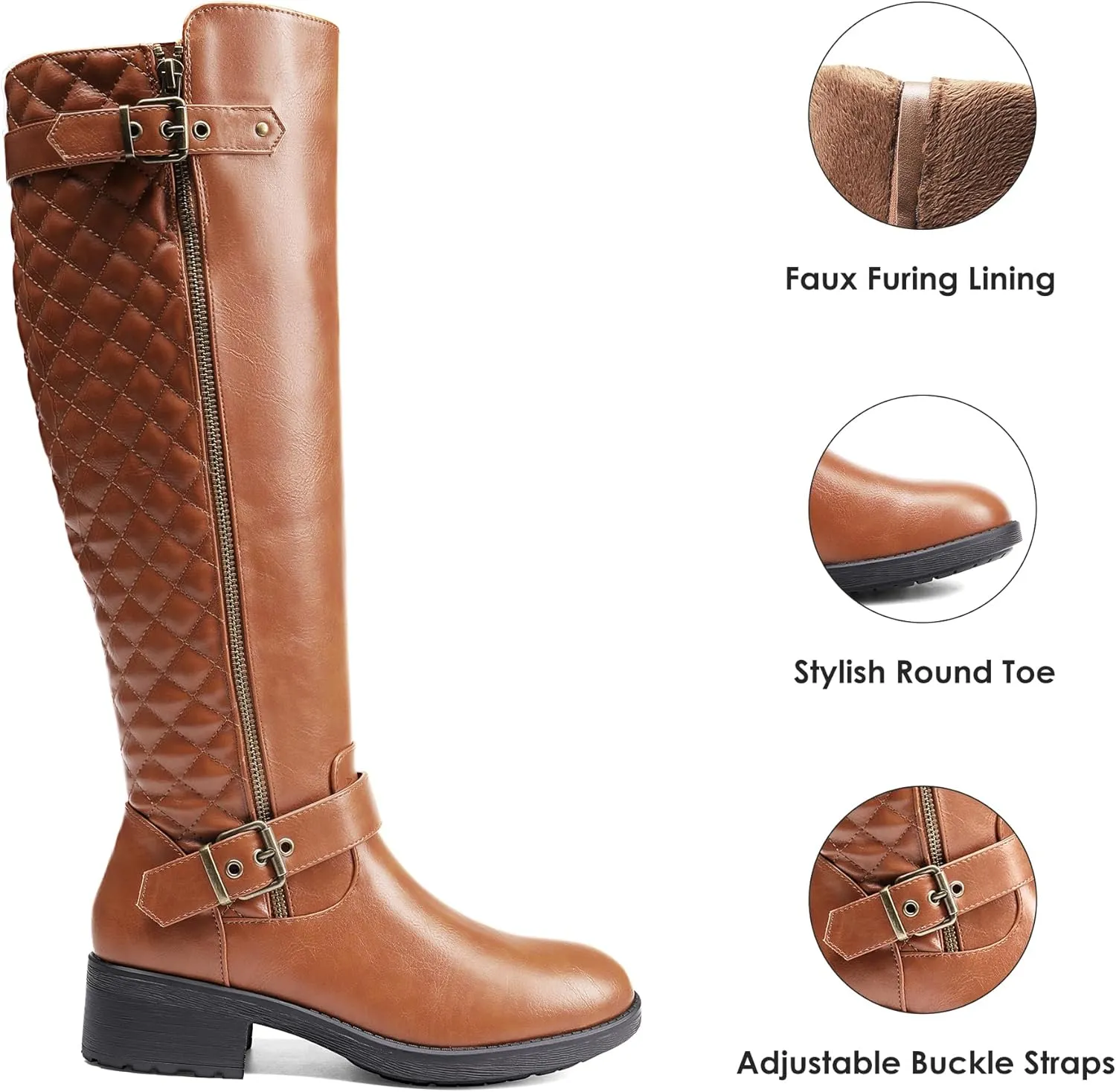 DREAM PAIRS Women's Knee High Boots Low Block Heel Riding Boots Round Toe Side Zipper Biker Motorcycle Buckle Boots