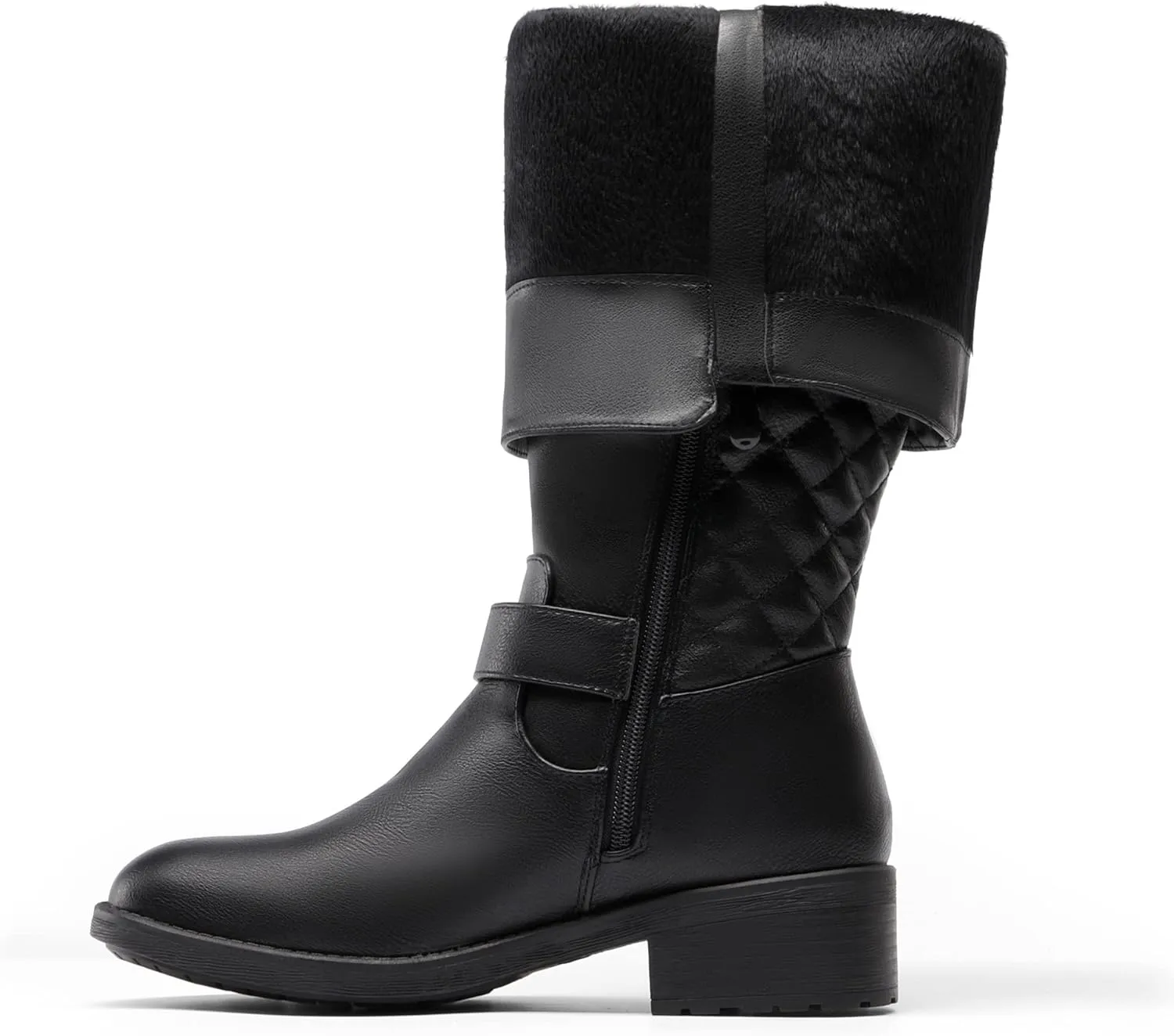 DREAM PAIRS Women's Knee High Boots Low Block Heel Riding Boots Round Toe Side Zipper Biker Motorcycle Buckle Boots