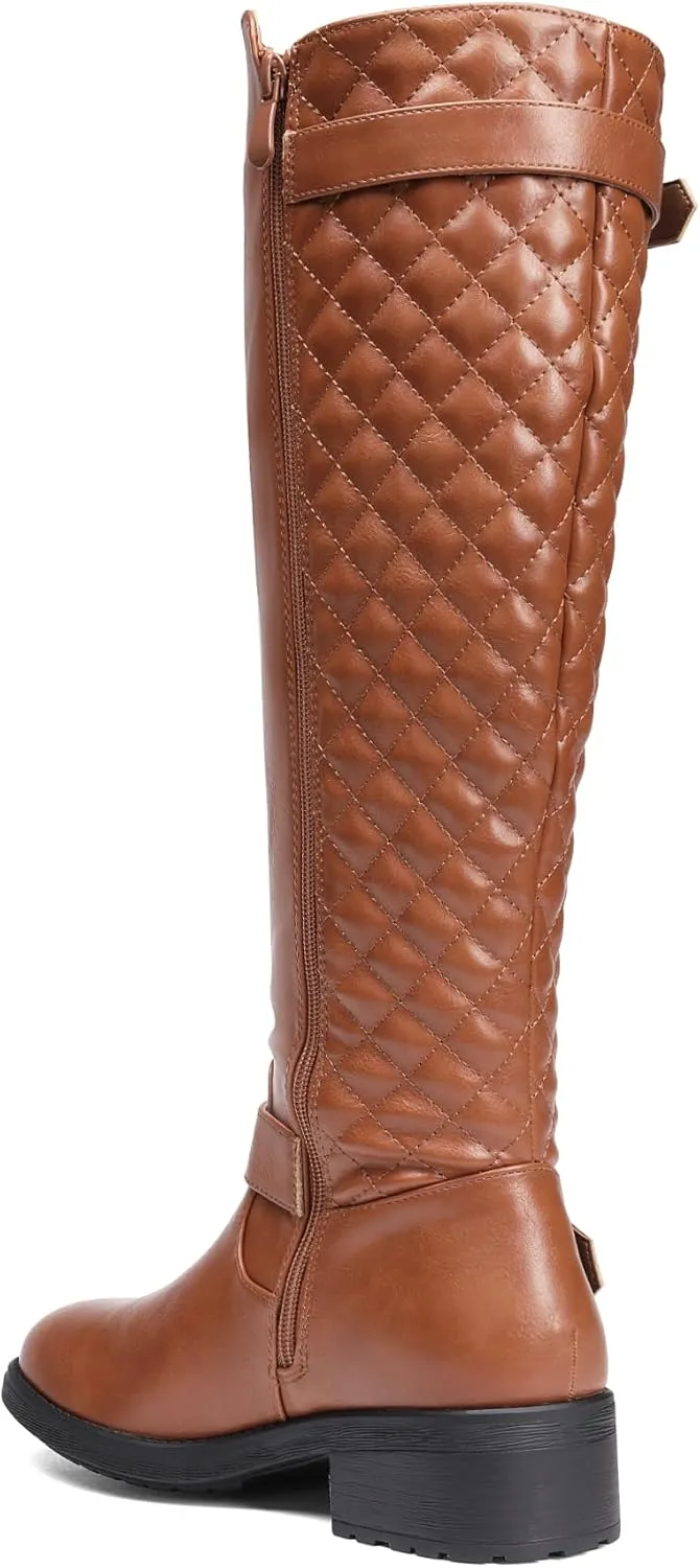 DREAM PAIRS Women's Knee High Boots Low Block Heel Riding Boots Round Toe Side Zipper Biker Motorcycle Buckle Boots