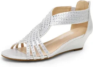 DREAM PAIRS Women's Open Toe Low Wedges Sandals Sparkly Rhinestone Strappy Zipper Weeding Dressy Elegant Summer Shoes for Lady