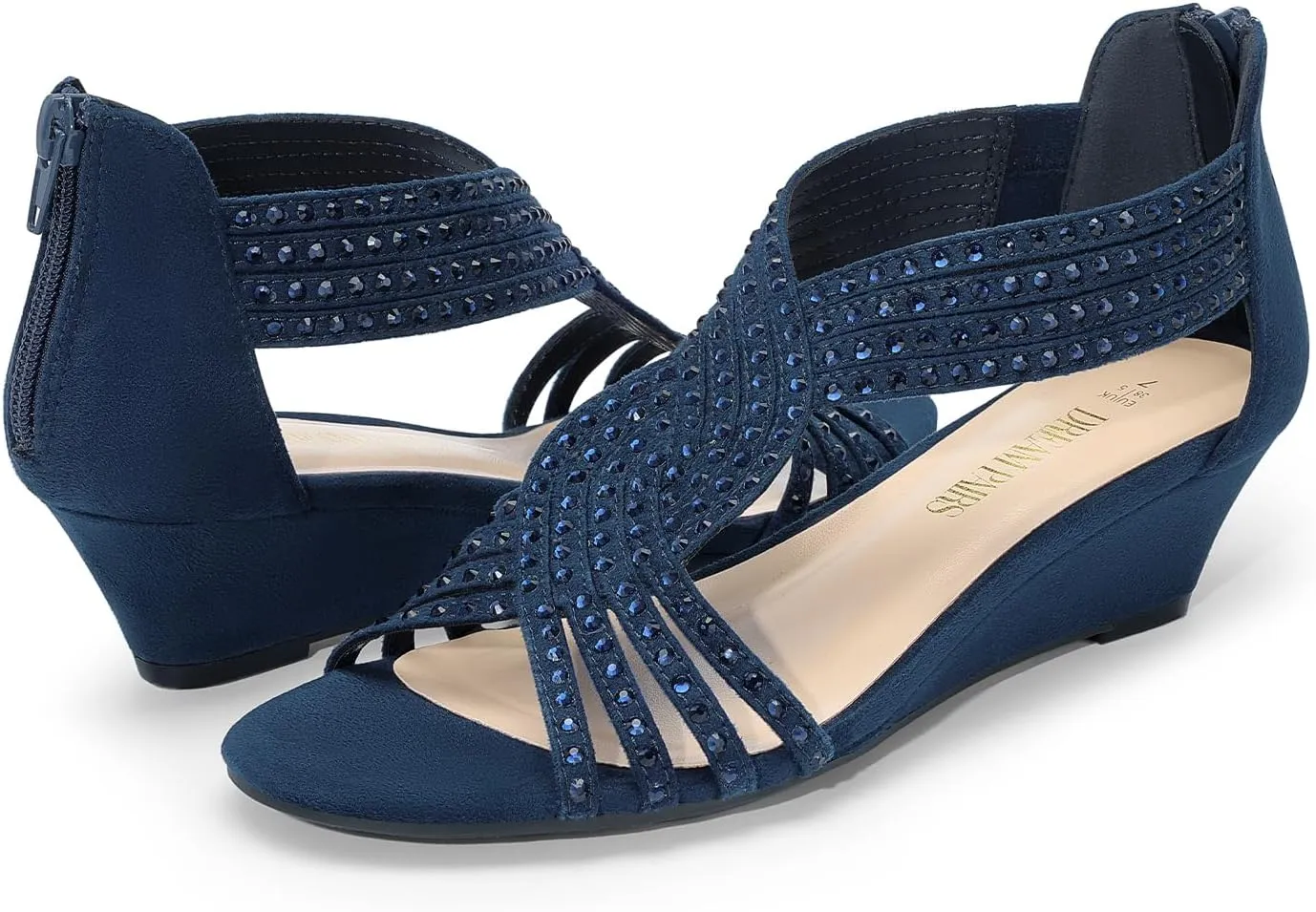 DREAM PAIRS Women's Open Toe Low Wedges Sandals Sparkly Rhinestone Strappy Zipper Weeding Dressy Elegant Summer Shoes for Lady