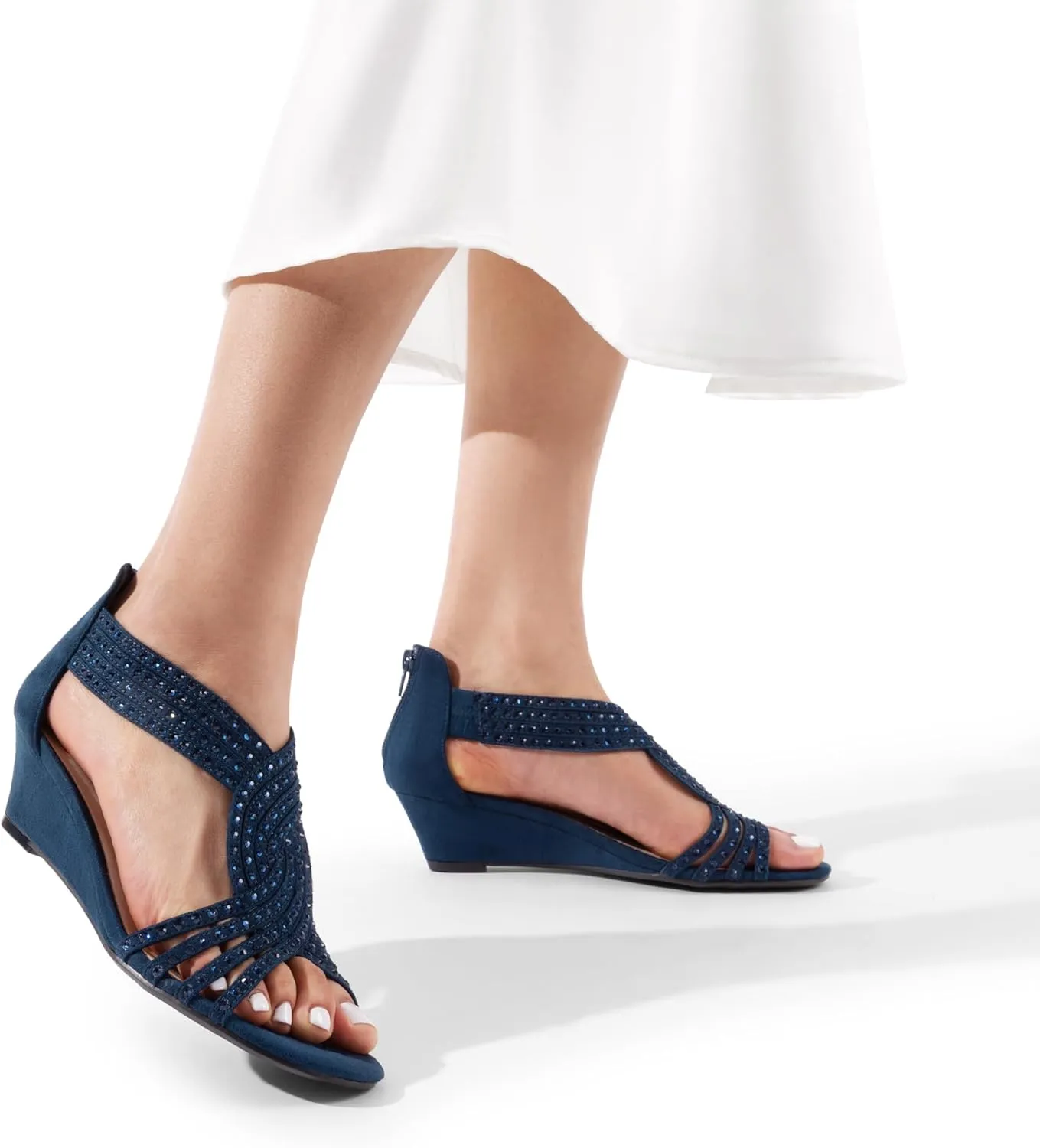 DREAM PAIRS Women's Open Toe Low Wedges Sandals Sparkly Rhinestone Strappy Zipper Weeding Dressy Elegant Summer Shoes for Lady