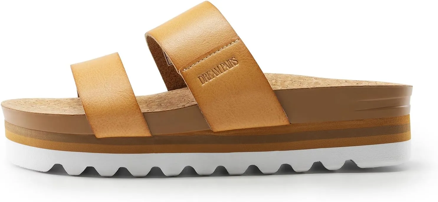 DREAM PAIRS Women's Platform Wedge Sandals with Arch Support, Comfortable Beach Slip-on Flat Sandals, Casual 2-Strap Cork Cushion Slides for Women