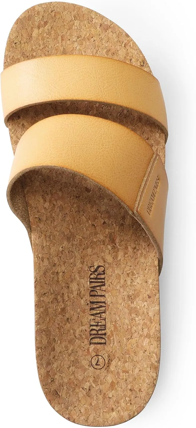 DREAM PAIRS Women's Platform Wedge Sandals with Arch Support, Comfortable Beach Slip-on Flat Sandals, Casual 2-Strap Cork Cushion Slides for Women