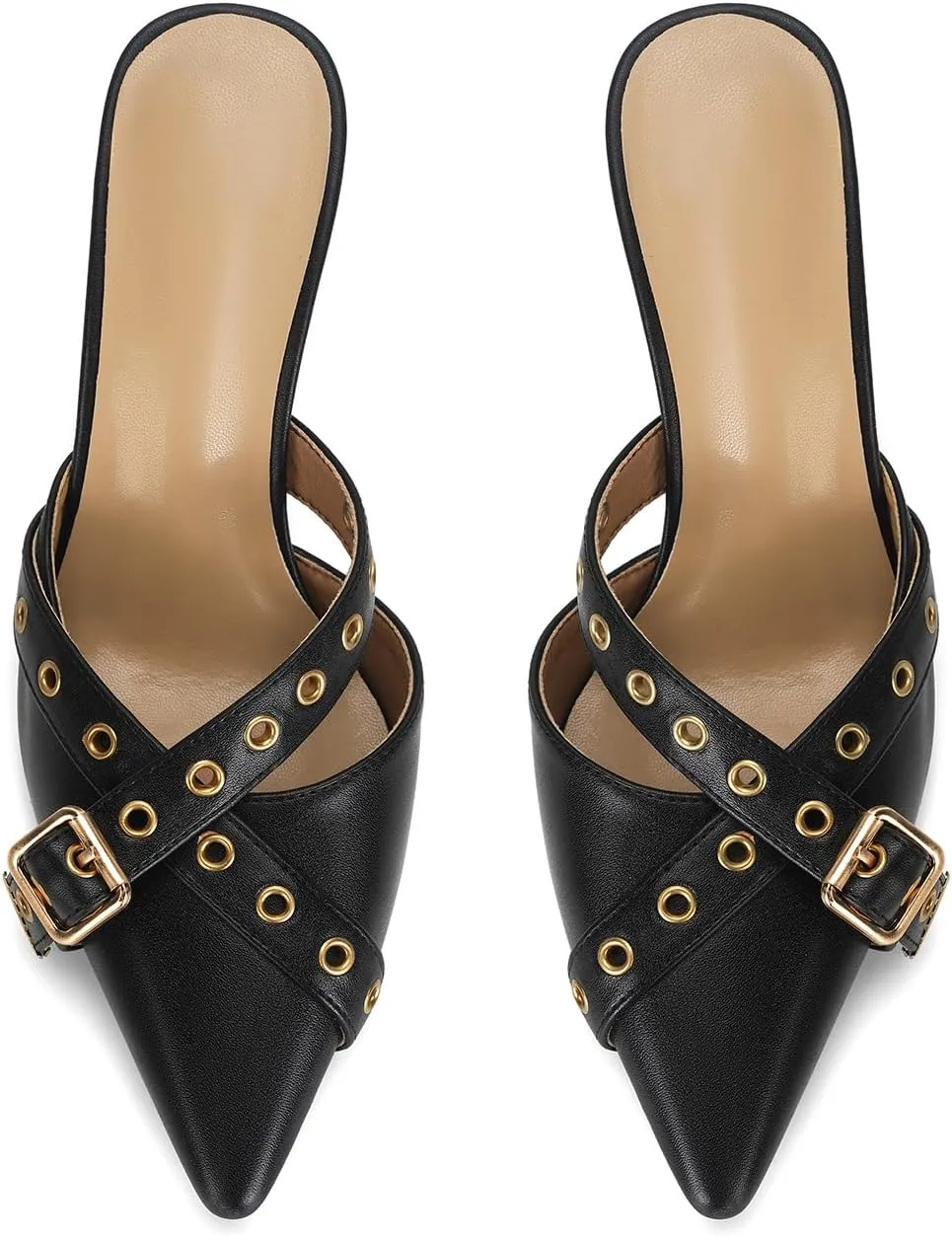 Dsevht Black Kitten Heels for Women Pointed Closed Toe Dressy Bow Heel Vintage Heeled Mules Sexy Pointy Studded Slip on Stiletto Pump Shoes