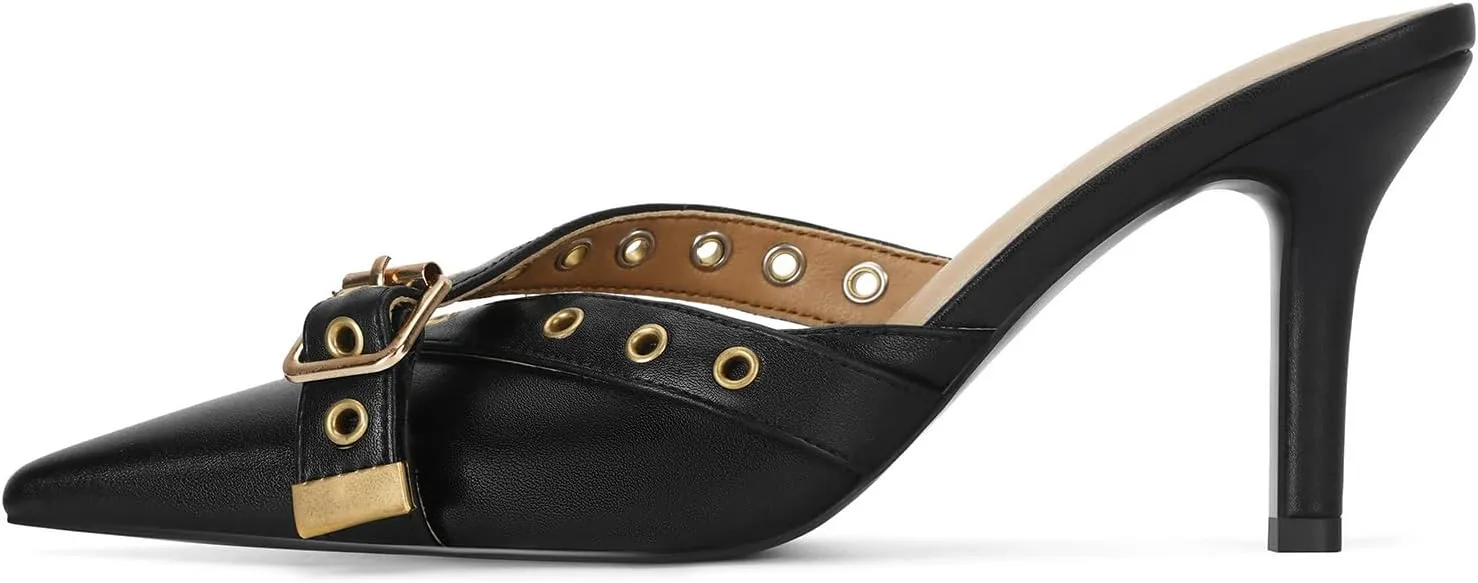 Dsevht Black Kitten Heels for Women Pointed Closed Toe Dressy Bow Heel Vintage Heeled Mules Sexy Pointy Studded Slip on Stiletto Pump Shoes
