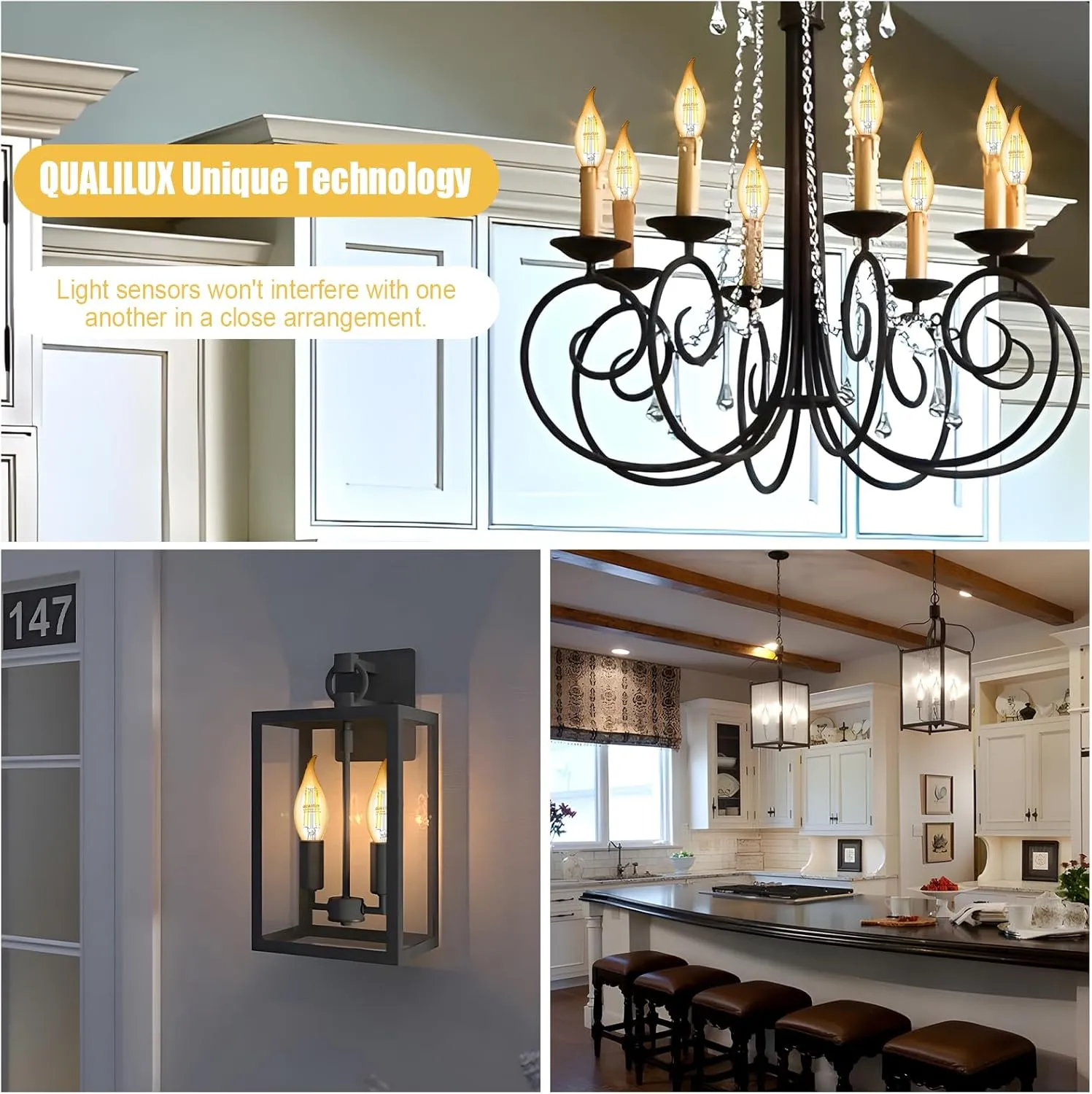 Dusk to Dawn Candelabra Bulbs Outdoor, CA11 Vintage Glass, Candle Flame Tip, Soft White 2700K, 4W=40W, 450LM Auto On/Off LED Light Sensing Edison Bulb, E12 Base, 4-Pack, HQ-H035