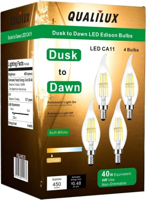 Dusk to Dawn Candelabra Bulbs Outdoor, CA11 Vintage Glass, Candle Flame Tip, Soft White 2700K, 4W=40W, 450LM Auto On/Off LED Light Sensing Edison Bulb, E12 Base, 4-Pack, HQ-H035