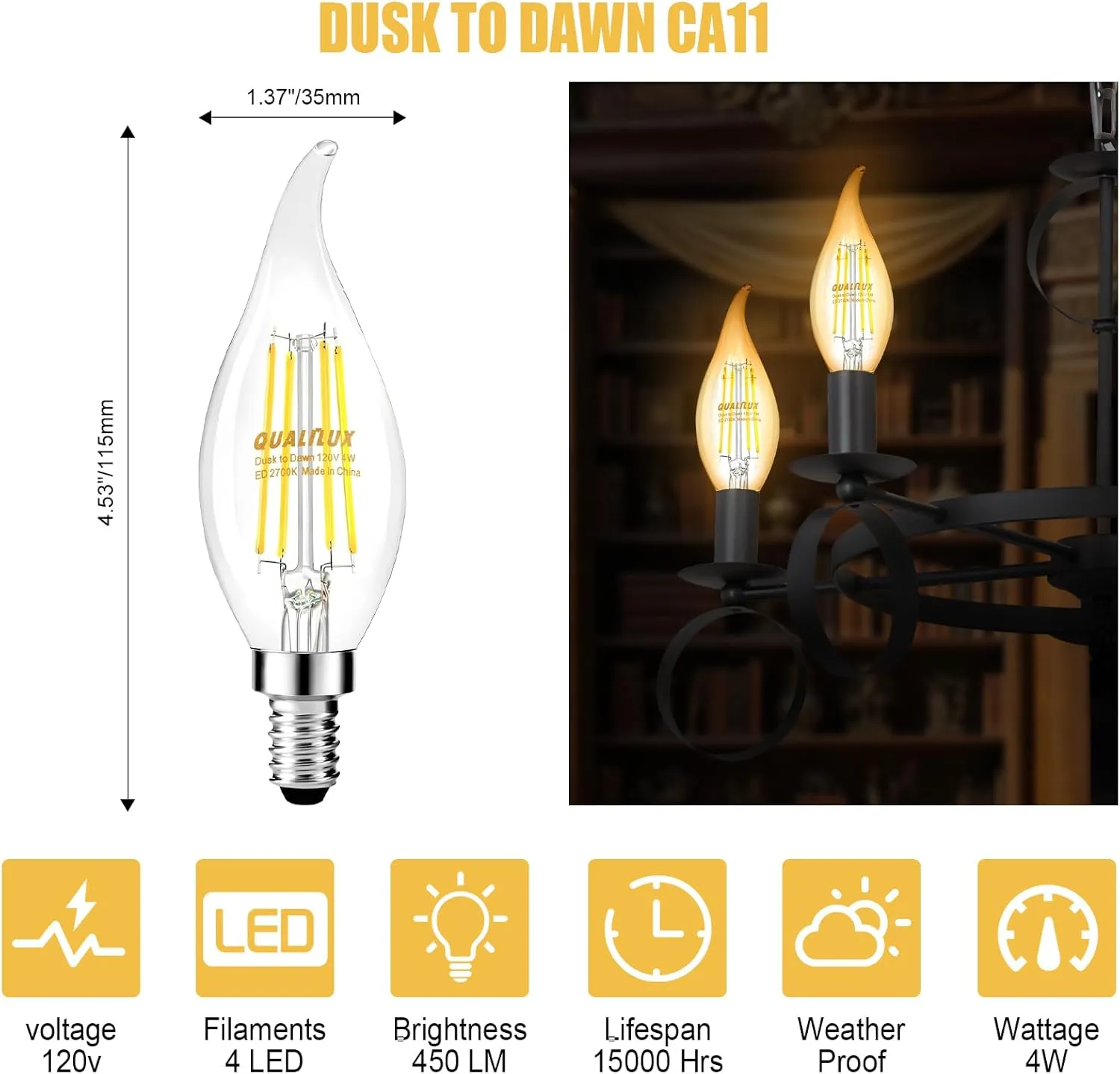 Dusk to Dawn Candelabra Bulbs Outdoor, CA11 Vintage Glass, Candle Flame Tip, Soft White 2700K, 4W=40W, 450LM Auto On/Off LED Light Sensing Edison Bulb, E12 Base, 4-Pack, HQ-H035