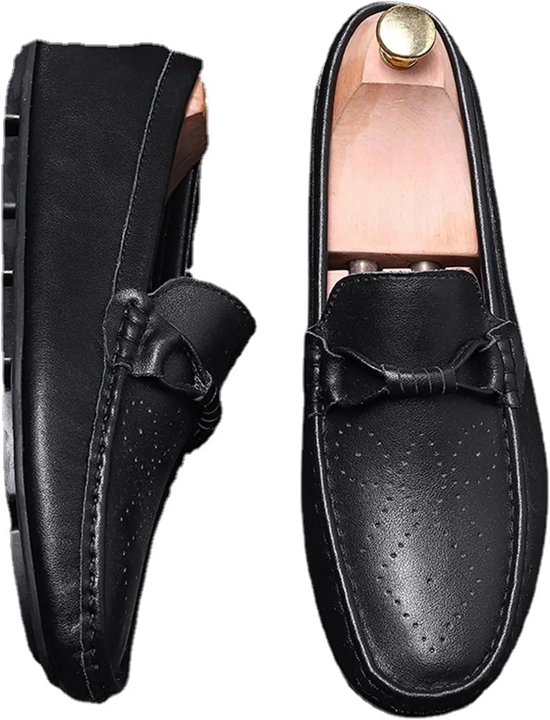 Easy to Put and Remove Loafer Shoes for Men Rope Tie Brogue Round Toe Genuine Leather Breathable Resistant Soft Flat Heel Driving Slip On for All Occasions