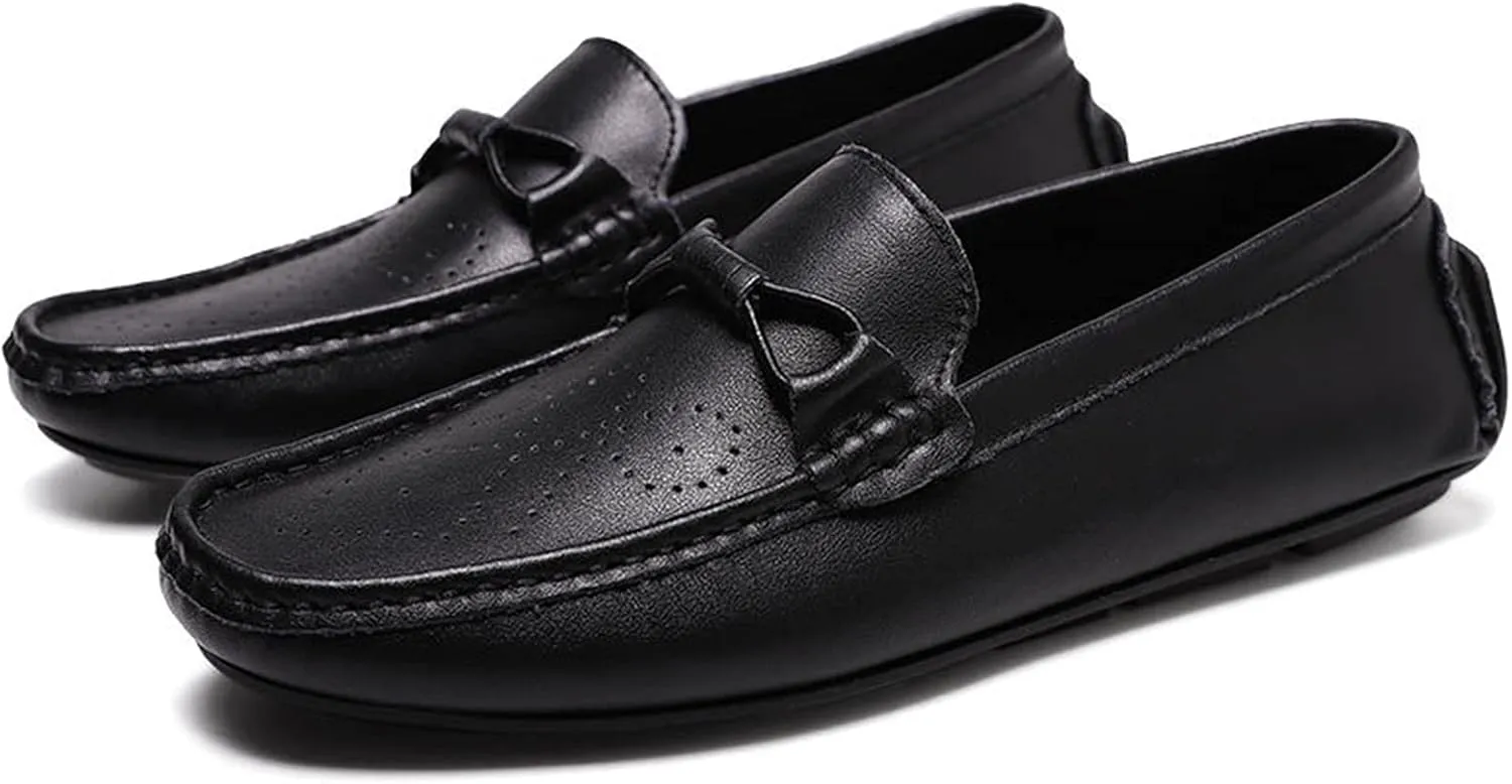 Easy to Put and Remove Loafer Shoes for Men Rope Tie Brogue Round Toe Genuine Leather Breathable Resistant Soft Flat Heel Driving Slip On for All Occasions