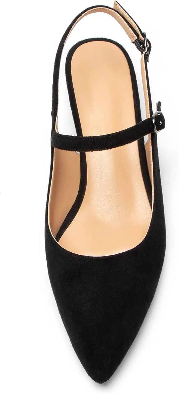 Eldof Women's Kitten Heel Slingback Pumps Pointy Toe Ankle Strap with Adjustable Buckle Classic Low Heels for Dress Wedding Party