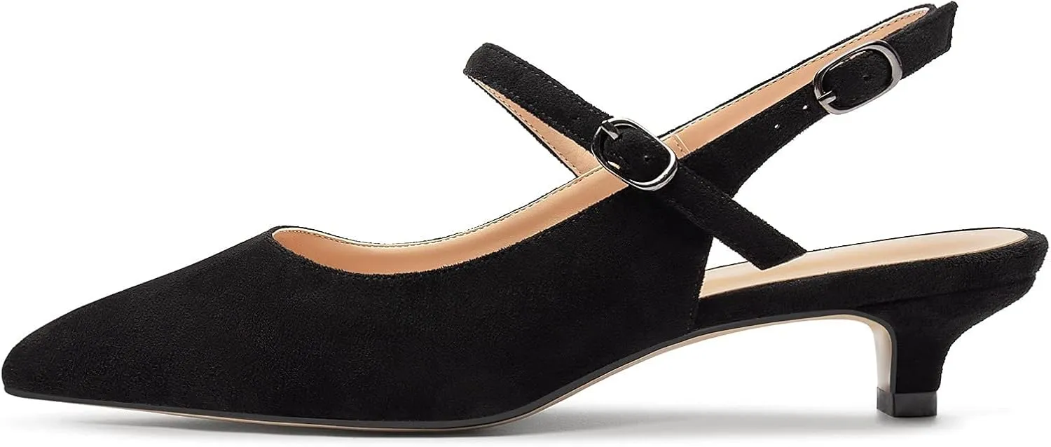 Eldof Women's Kitten Heel Slingback Pumps Pointy Toe Ankle Strap with Adjustable Buckle Classic Low Heels for Dress Wedding Party