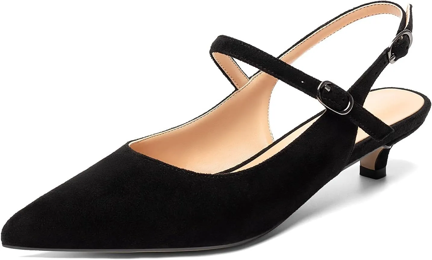 Eldof Women's Kitten Heel Slingback Pumps Pointy Toe Ankle Strap with Adjustable Buckle Classic Low Heels for Dress Wedding Party