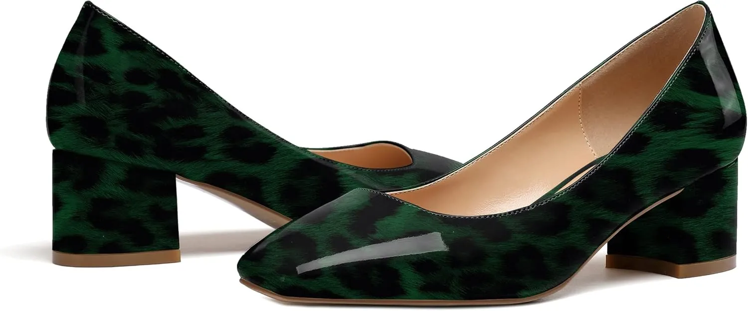 Eldof Women's Square Toe Mid Chunky Block Heel 2 Inch Pumps Slip On Elegant Block Heel Dress Shoes