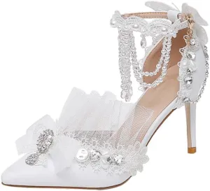 Elegant Bridal High Heels, White Lace with Rhinestones, Tulle Bow Detail, Ankle Strap, Wedding Shoes