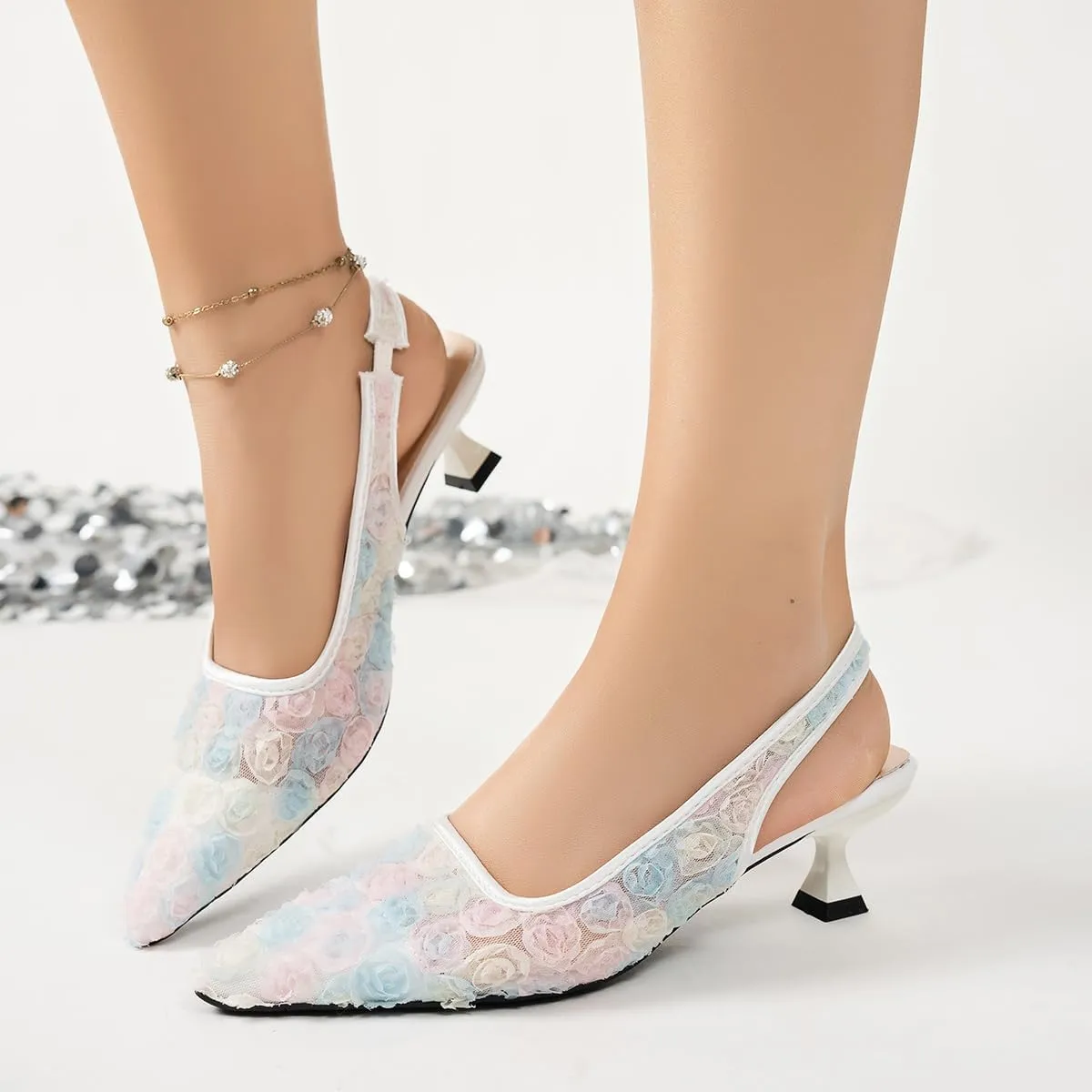 Elegant Lace Kitten Heels for Women - Black Slingback Pointed Toe Floral Mesh Dress Shoes - Low Heel Formal Wedding Guest Party Sandals